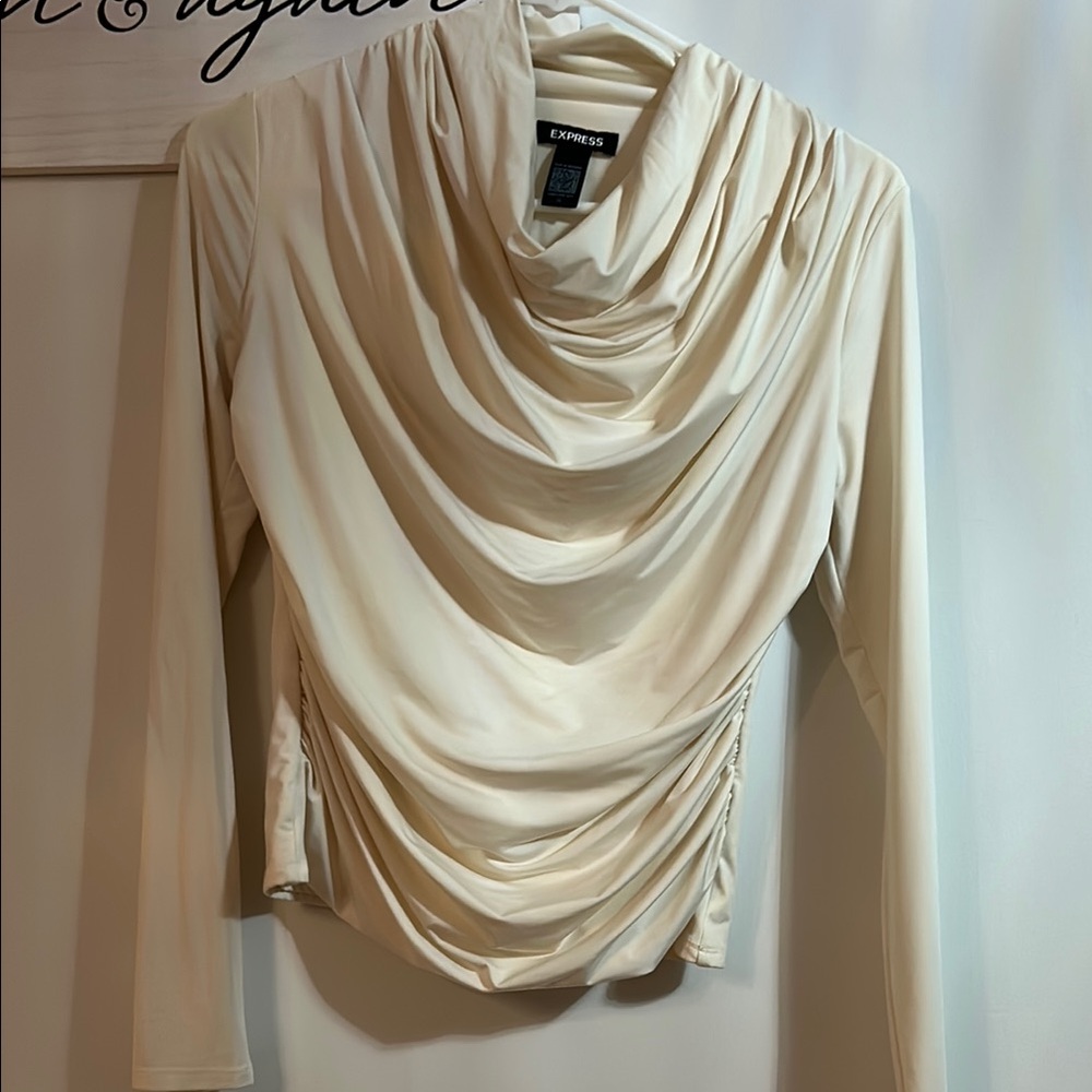 Express Cream Draped Long Sleeve Top